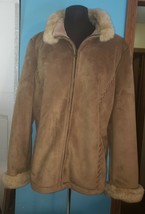 VTG Liz Claiborne Tan Faux Suede Faux Fur Lined &amp; Trimmed Jacket Coat Women Sz L - £23.94 GBP