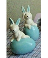 Easter Set 2 Bunny Rabbit w Blue Egg Tabletop Miniature Ceramic Figurine NEW - £7.07 GBP