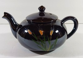Vintage Round Brown Betty Hand Painted Teapot Glazed Pottery Flowers Japan - £14.20 GBP