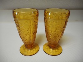 Vintage Tiara Glass Pair of Shake Ice Cream Glasses Sandwich Pattern Gold Amber - £21.31 GBP