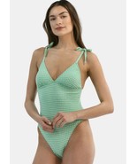 Time and Tru One Piece Swimsuit Womens S Green White Gingham Plunge High... - $18.80