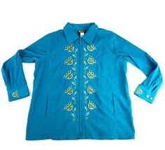 Bob Mackie Wearable Art Coat/Jacket Zip Up Turquoise Embriodered Flowers... - $28.89