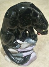 Black Panther Ceramic Black Glaze Statue Prowler on Rock Mid Century - £118.67 GBP