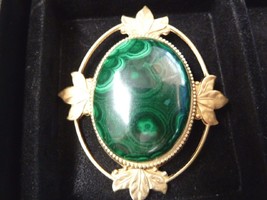 (BR-400) green Malachite gemstone on gold scrolled leaf oval brass pin pendant - £29.06 GBP