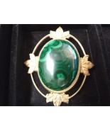 (BR-400) green Malachite gemstone on gold scrolled leaf oval brass pin p... - £28.88 GBP