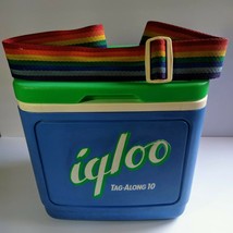 90s Rainbow Strap Igloo Tag Along 10 Cooler Blue Green Ice Chest Cup Hol... - $48.51