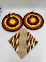 Vintage Crochet Pot Holder Hot Pads Potholder Orange Brown 70&#39;s 60&#39;s MCM 3 - £11.59 GBP