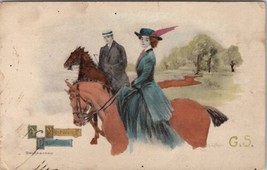 Equestrian A Morning Pastime Couple On Horseback Hand Colored Postcard N22 - $12.95