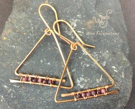 Handmade copper earrings: triangle spiral hoops and wire wrapped purple beads - £19.18 GBP