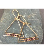 Handmade copper earrings: triangle spiral hoops and wire wrapped purple ... - £18.87 GBP