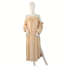 Off-Shoulder Beige Maxi Dress With Ruffled Neckline &amp; Long Balloon Sleeves - $25.00