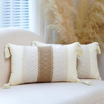 Boho Lumbar Throw Pillow Covers 12X20 Set Of 2 Farmhouse Neutral Pillow Covers - £26.91 GBP