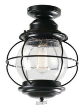 Greer 1-Light Black Outdoor Semi-Flush Mount Lantern with Caged Seeded G... - £44.51 GBP