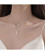 925 Star Crescent Moon Necklace Dual Chain - £11.72 GBP