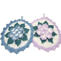 2 Piece Handmade Crocheted 3D Flower Hot Pad Blue-White &amp; Purple-Green-W... - $12.98