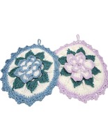 2 Piece Handmade Crocheted 3D Flower Hot Pad Blue-White &amp; Purple-Green-W... - $238.44 MXN