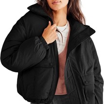 Meikulo Womens Black Cropped Puffer Jacket Warm Long Sleeve Zip Up - £18.81 GBP
