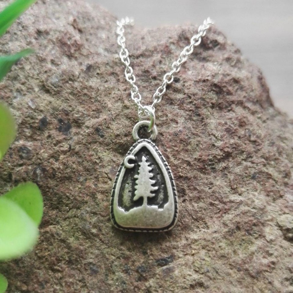 PINE TREE NECKLACE 15&quot; Chain Pewter Pendant Outdoor Camping Mountain Wil... - $8.95