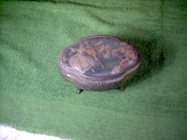 Vintage Metal Trinket/Jewelry Box Top Colonial Style Picture on Cloth Old &amp; Rare - £47.69 GBP