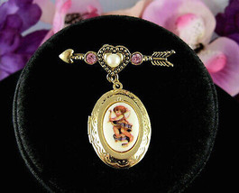 Cupid Cherub Locket Pin Vintage Oval Arrow Heart Brooch Pink Rhinestones Avon - £17.92 GBP