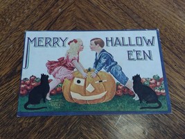 Original Embossed 1908 &quot;Merry Halloween&quot; Postcard JACK-O-LANTERN Black Cat - £30.00 GBP