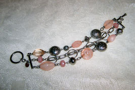 Vintage Signed Chicos Multi Strand Pink Beaded Bracelet Silvertone - £5.56 GBP