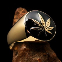 Nicely crafted Men&#39;s Ring domed black Cannabis Leaf Marihuana Marijuana - Brass - £22.57 GBP+