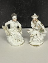 Pair Antique English Continental Porcelain Seated Asian Man Woman Figuri... - $47.52