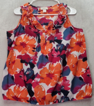 LOFT Tank Top Women&#39;s Petite Medium Multi Floral Sleeveless Ruffle V Neck Button - £13.49 GBP