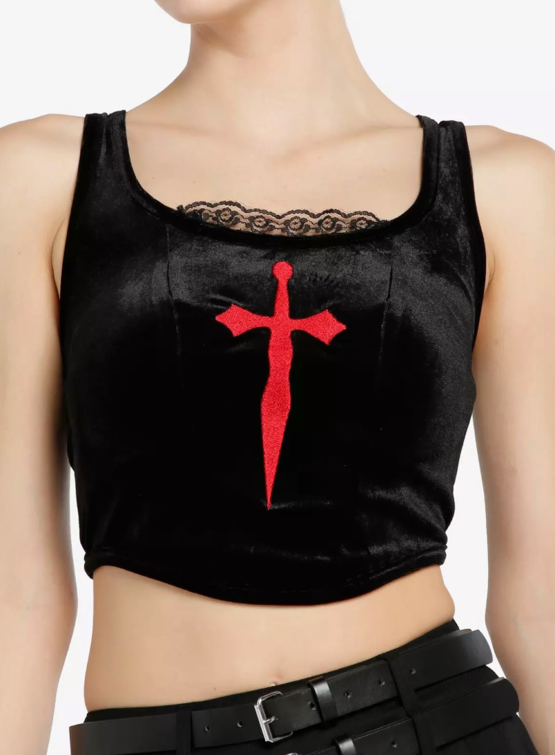 Primary image for Hot Topic Social Collision Red Dagger Cross Black Velvet Lace-Up Crop Top L NWT