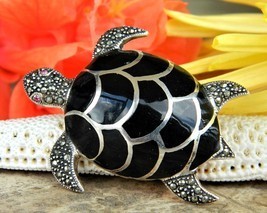 Vintage sea turtle brooch pin black enamel marcasites figural reptile thumb200