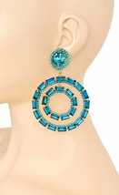 3.75&quot; Long Aqua Pool Blue Crystals Hoop Oversized Statement Party Earrings  - £19.34 GBP