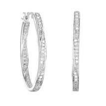 100% Natural Diamond Hoop Earrings 1/4 ct tw Round-Cut Sterling Silver - £110.31 GBP