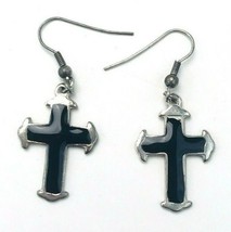 Vintage Black Enameled Silver Tone Christian Cross Earrings - £9.27 GBP