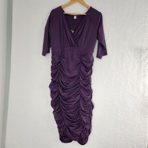 Ruched Dress Purple Women&#39;s 3/4 Sleeve Cocktail Midi V Neck Bodycon XL - £15.76 GBP