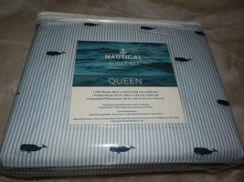 NEW  Queen WHALE SHEET SET Microfiber Fitted Flat &amp;  Pillowcases Blue Pinstripe - £40.15 GBP