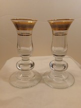 (2) Vintage Gold Rimmed &amp; Intricate Etched Pattern Glass Candlestick Holders - £22.21 GBP
