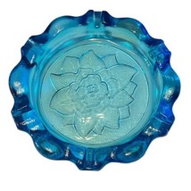 Tiara Indiana Glass Ashtray Clear Blue Round Lotus Magnolia Floral Bottom 9.5” - £22.38 GBP