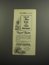 1952 Cresta Blanca Wine Ad - Send for free wine and food newspaper - £14.53 GBP