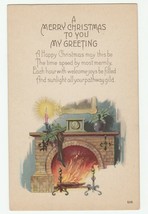 Vintage Postcard Christmas Fireplace Candle Stocking Clock 1920&#39;s Unused - £5.53 GBP