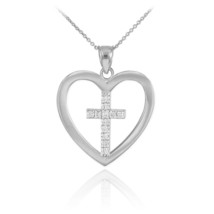 10k Solid White Gold Open Heart 12 Diamonds Cross Enclosure Pendant Necklace - £182.12 GBP+
