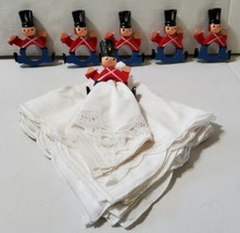 Vintage Christmas 6 Wooden Toy Soldiers Napkin Rings w/ Cloth Napkins Painted  - £29.06 GBP