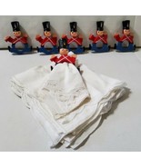 Vintage Christmas 6 Wooden Toy Soldiers Napkin Rings w/ Cloth Napkins Pa... - £29.22 GBP