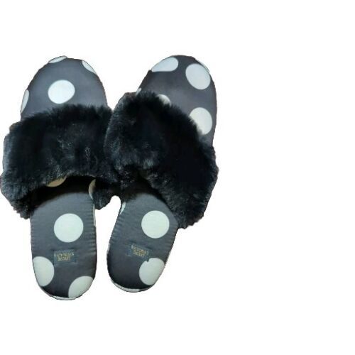 Victoria's Secret Signature Satin Slippers Polka Dot with Faux Fur Medium 7-8