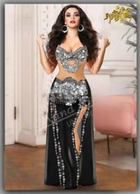 Sexy Black&amp; Silver Coins Belly Dance Costume Two Piece Bra Long Skirt Da... - £64.39 GBP