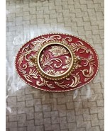 Red Gold Tone Belt Buckle Oval Metal Vintage Nice - $29.20 CAD