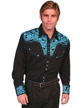 Men&#39;s Western Shirt Long Sleeve Rockabilly Country Cowboy Turquoise Black - £73.16 GBP
