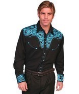 Men's Western Shirt Long Sleeve Rockabilly Country Cowboy Turquoise Black - $90.97