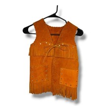 Vintage Genuine Leather Brown Western Cowboy Fringe Handmade Vest Boys Sz M 8-10 - £23.88 GBP