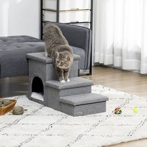 PawHut 3 Step Stairs Dog Steps Bed Cat House Storage Boxes Sofa Pet Climb Grey - £39.51 GBP